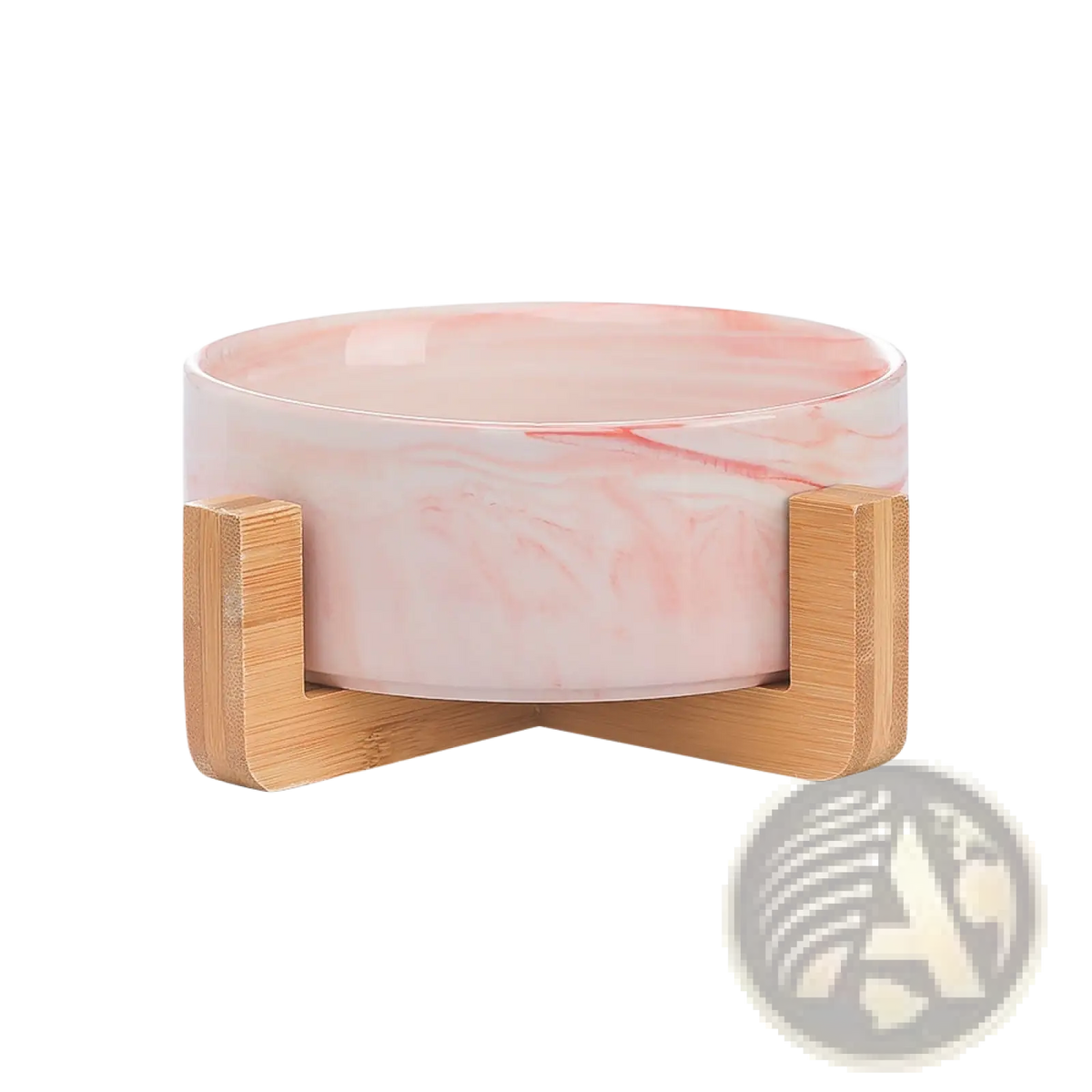 Ceramic double pet bowl with pink marble pattern and light wood bamboo stand for feeding pets
