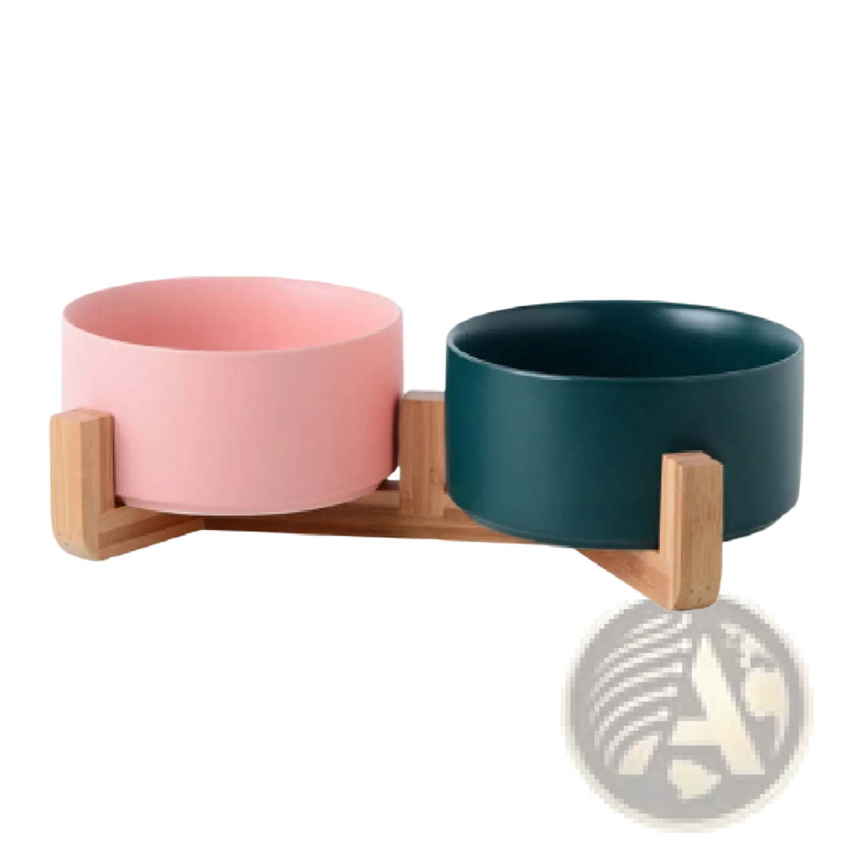 Ceramic double pet bowl in pastel pink and deep teal mounted on a light wood stand for feeding pets