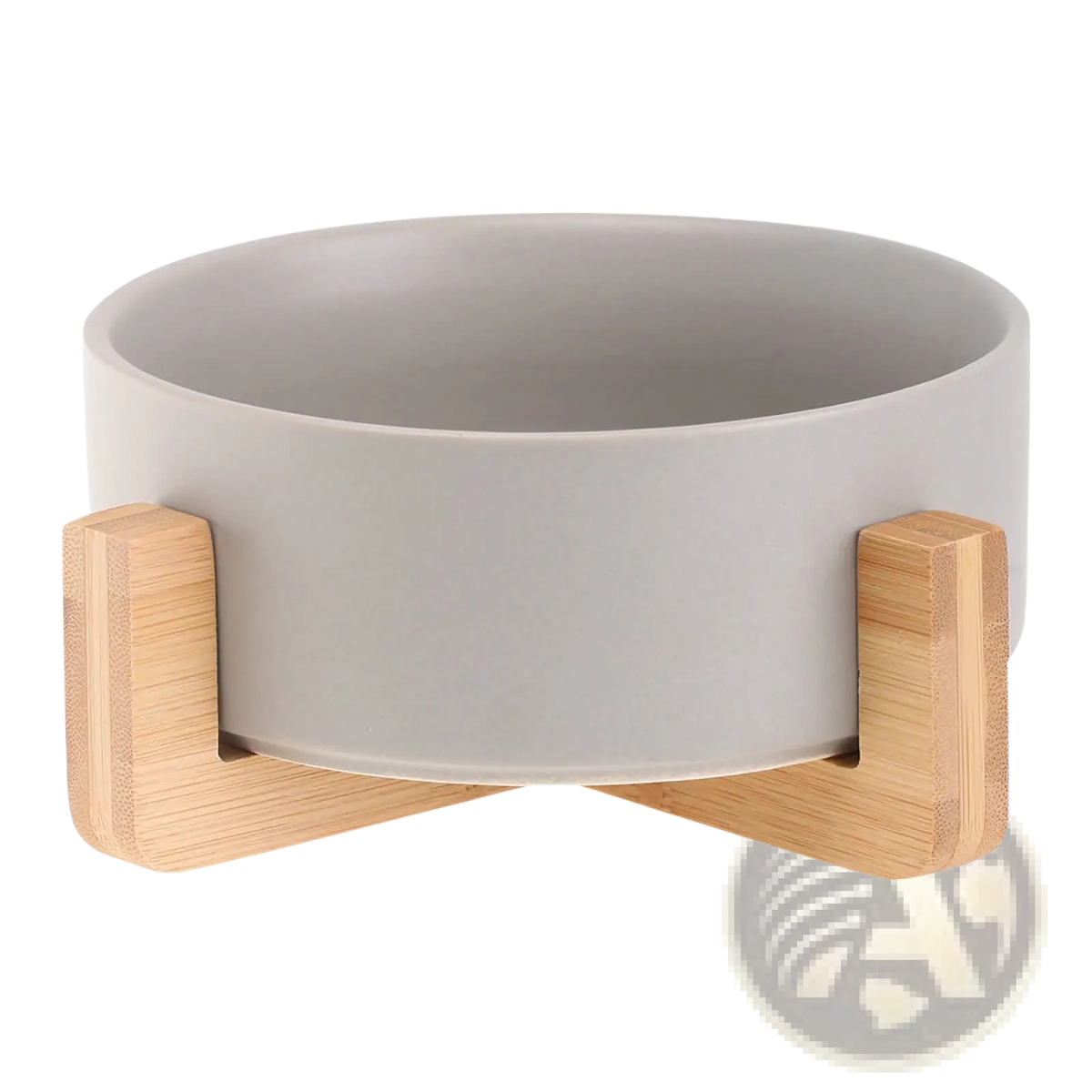 Gray ceramic double pet bowl with a minimalist design supported by two light-colored bamboo stands