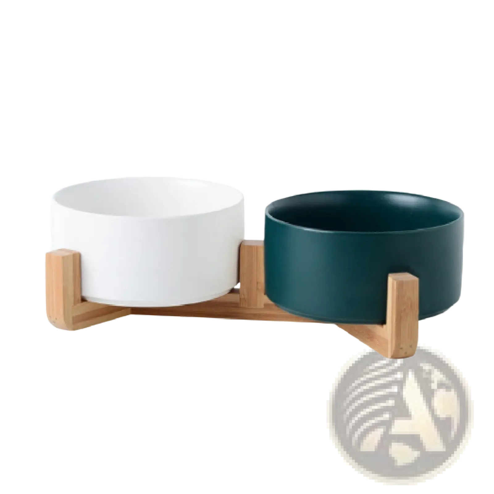 Minimalist wooden stand holding two ceramic pet bowls in white and deep teal for feeding pets