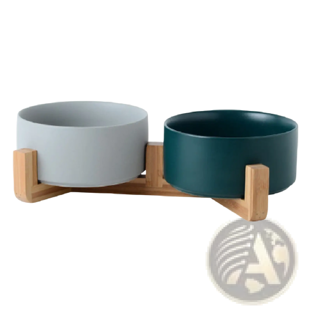 Ceramic double pet bowl with wood stand featuring matte gray and deep teal ceramic bowls on a light wood base