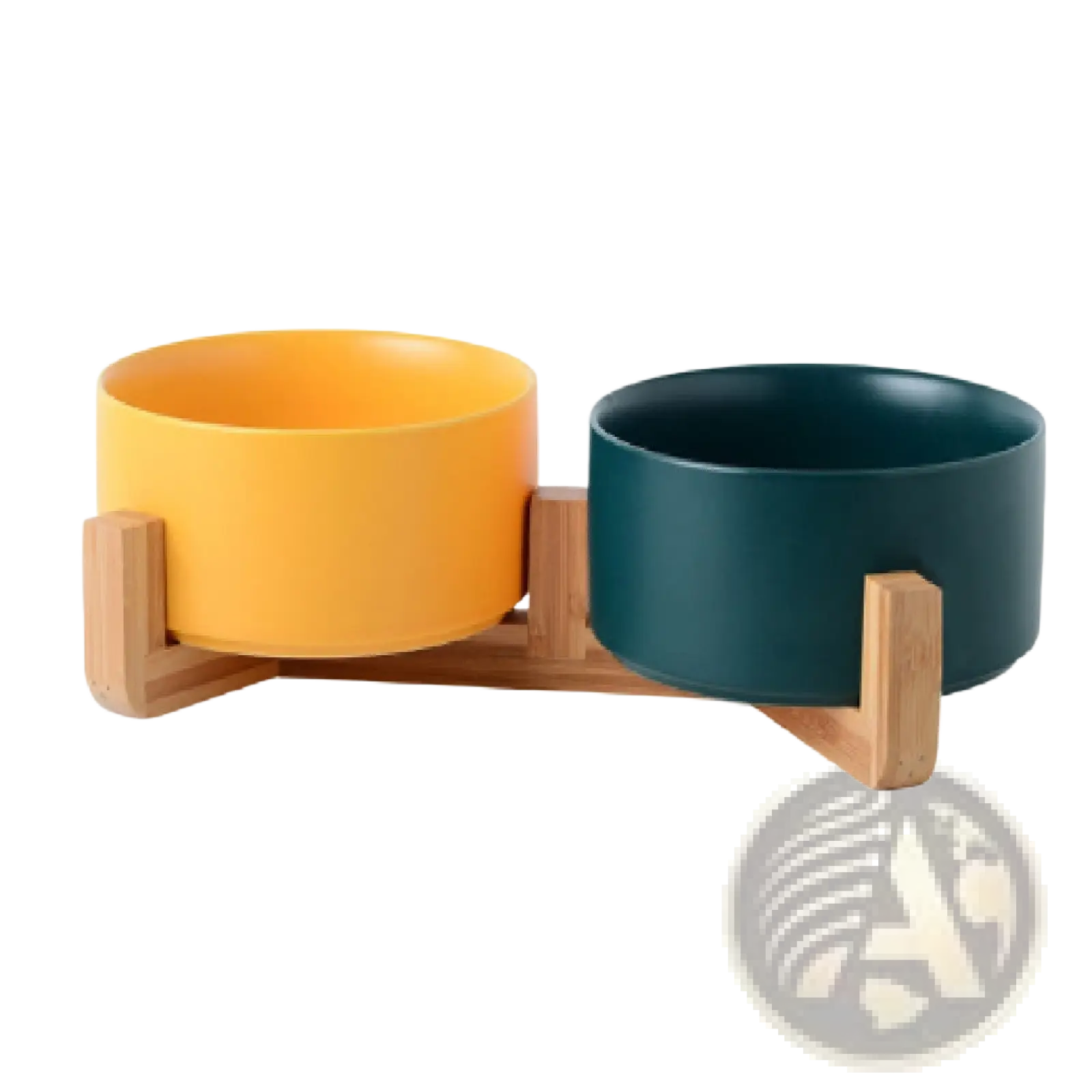A modern ceramic double pet bowl with vibrant yellow and deep teal bowls on a light wood stand