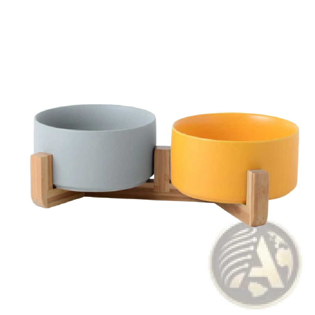 Ceramic double pet bowl set with matte gray and yellow bowls on minimalist wooden stands for modern homes