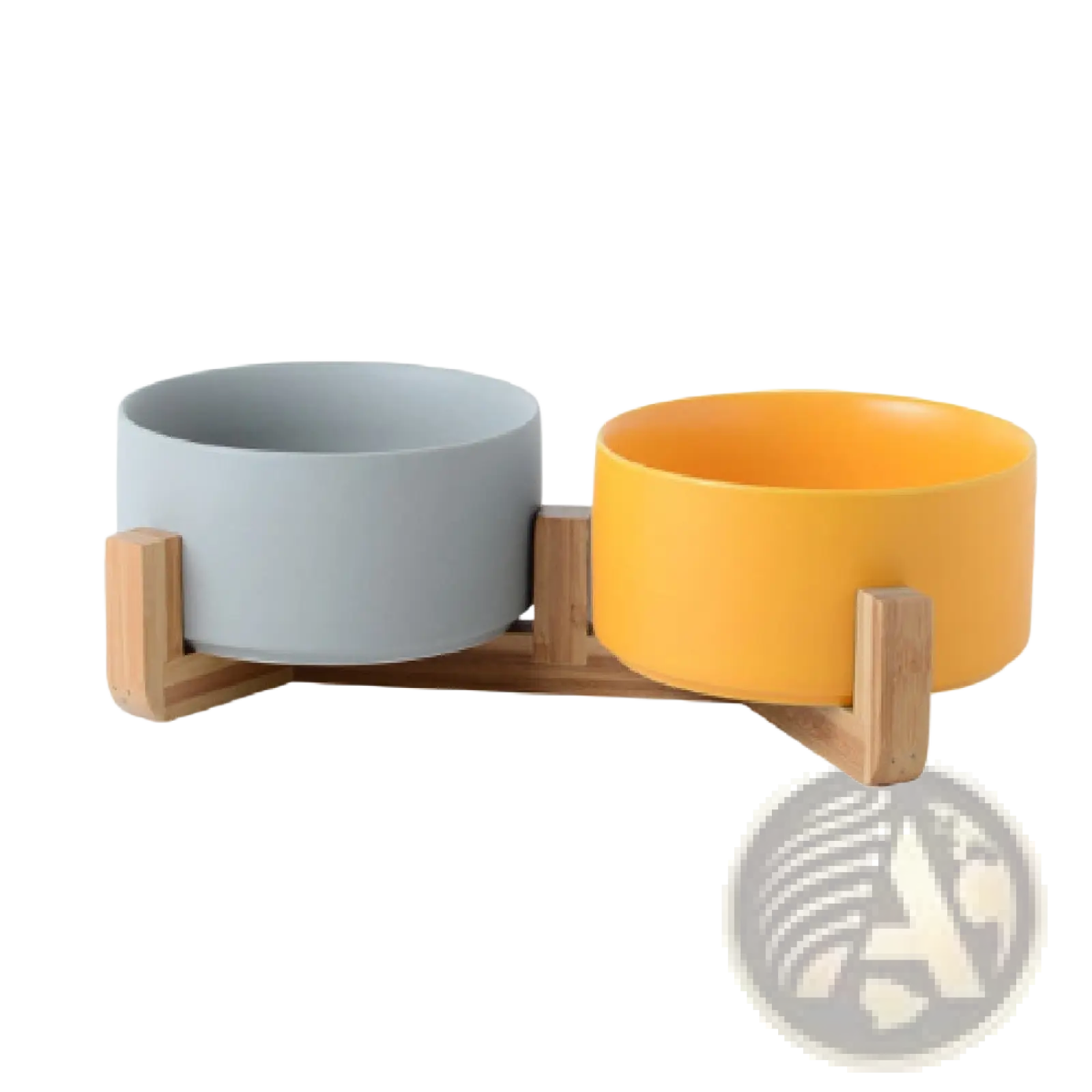 Ceramic double pet bowl set with matte gray and yellow bowls on minimalist wooden stands for modern homes