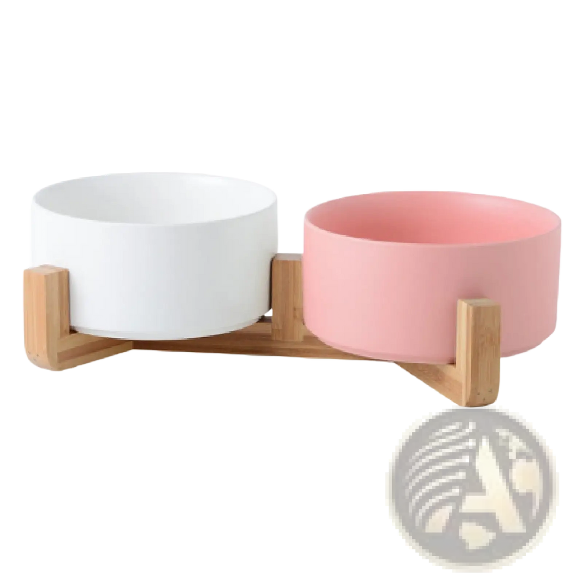 Set of two ceramic pet bowls in white and blush pink on a light wood stand for feeding pets