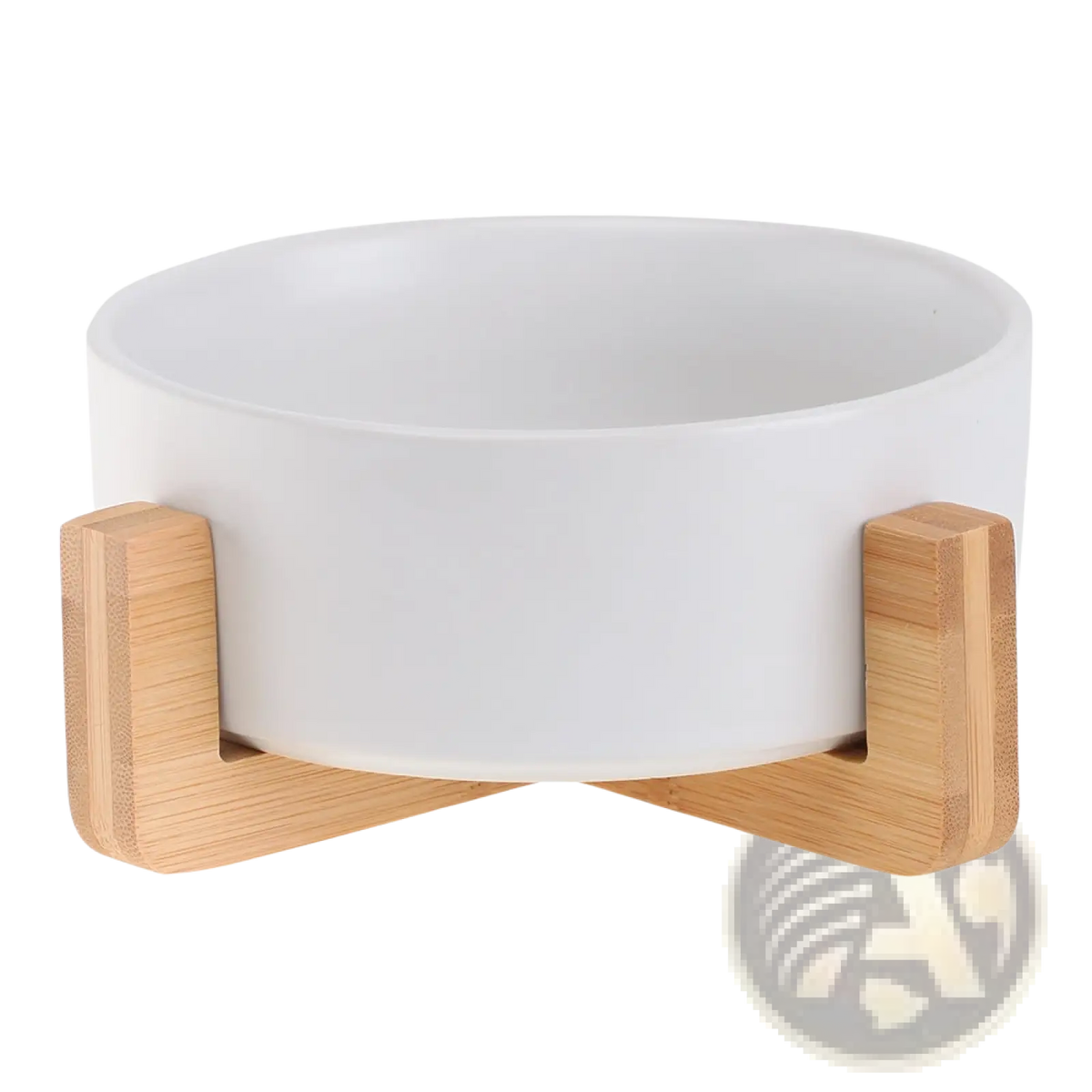 White ceramic double pet bowl with minimalist design supported by light-colored bamboo wood stand