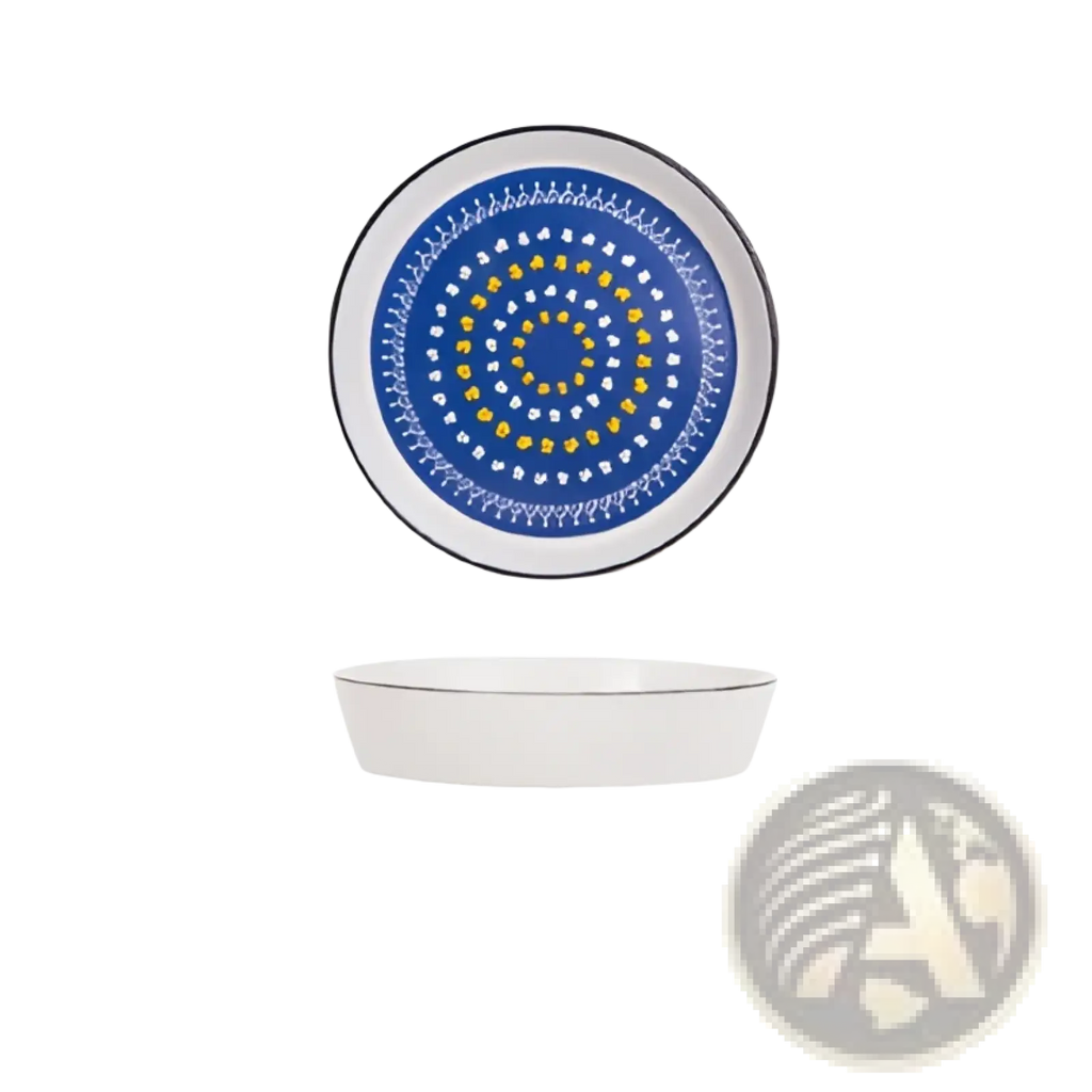 Ceramic floral bone china round serving plate white bowl with blue and gold concentric pattern and silver rim
