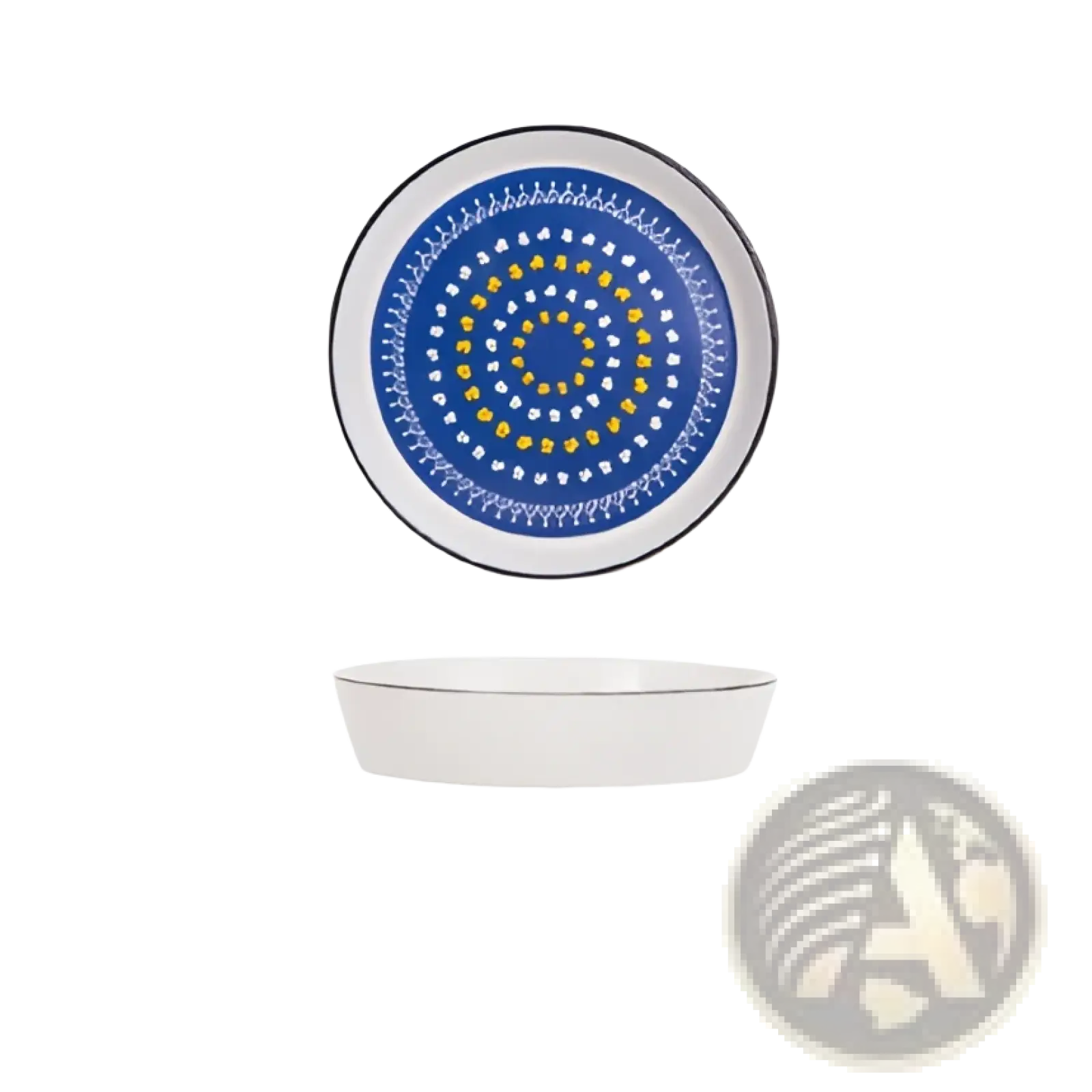 Ceramic floral bone china round serving plate white bowl with blue and gold concentric pattern and silver rim