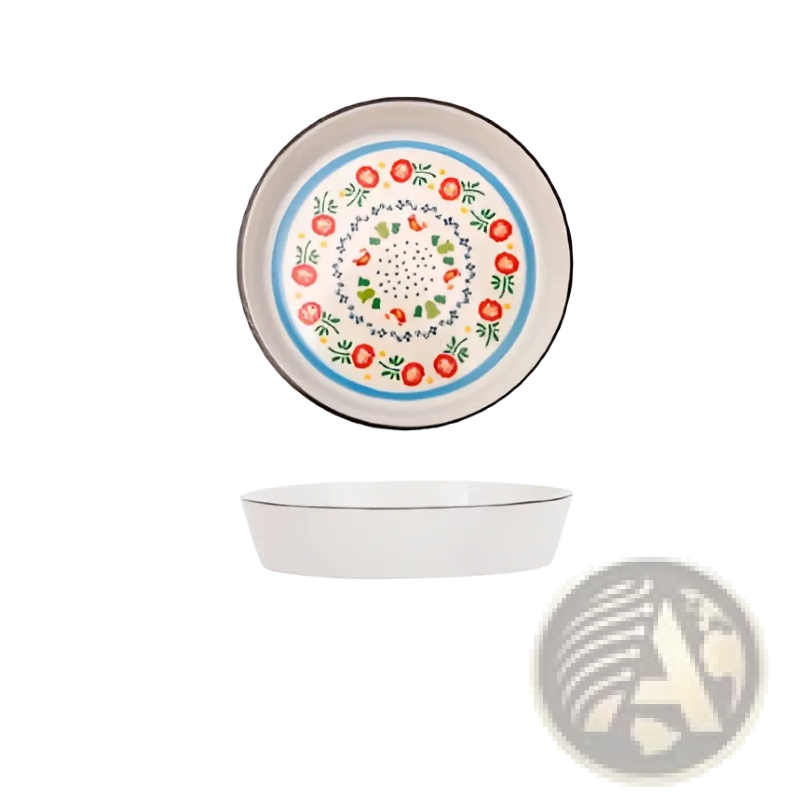 A white ceramic floral bone china round serving plate with red green and blue decorative rim pattern