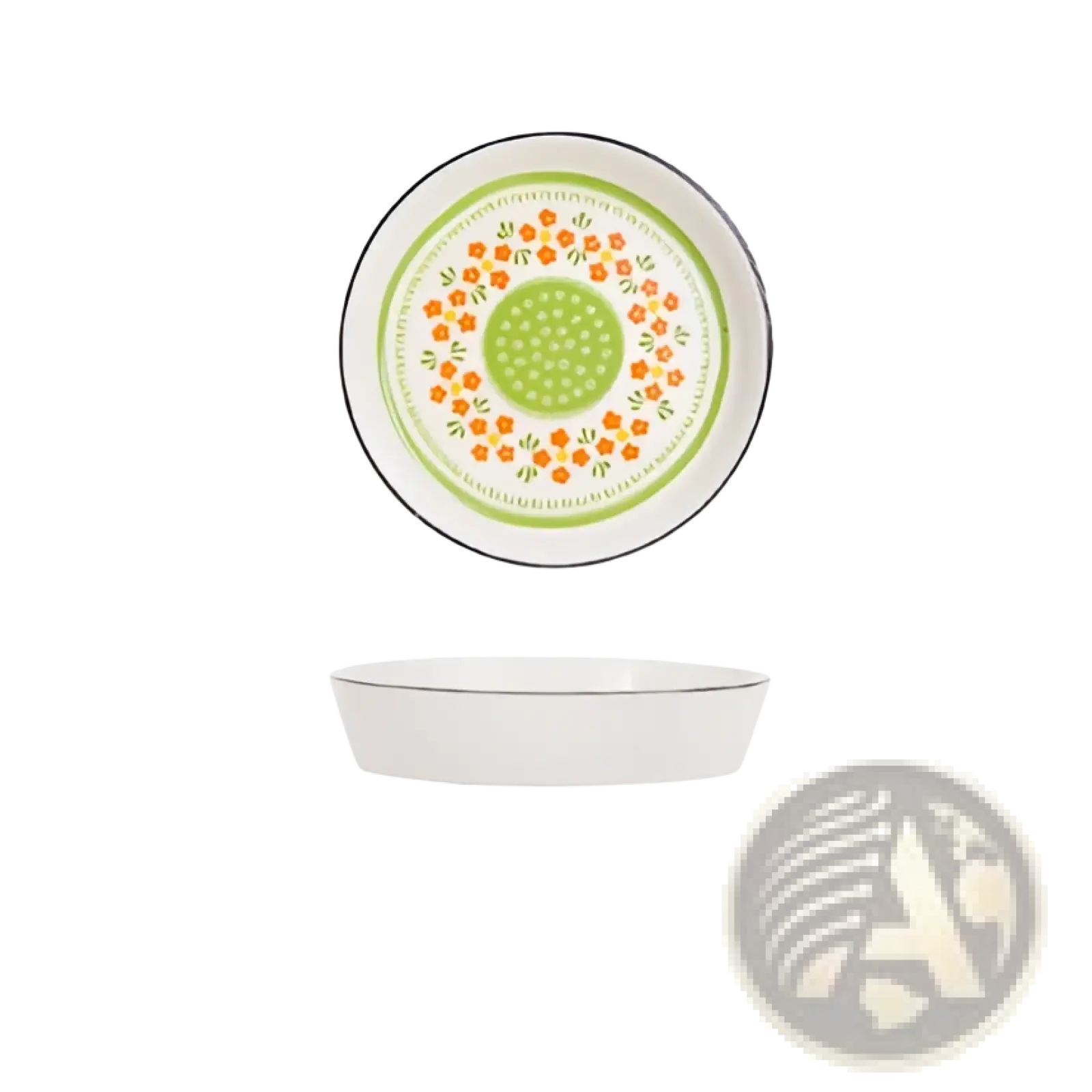 White ceramic floral bone china round serving plate with green and orange pattern 11cm diameter
