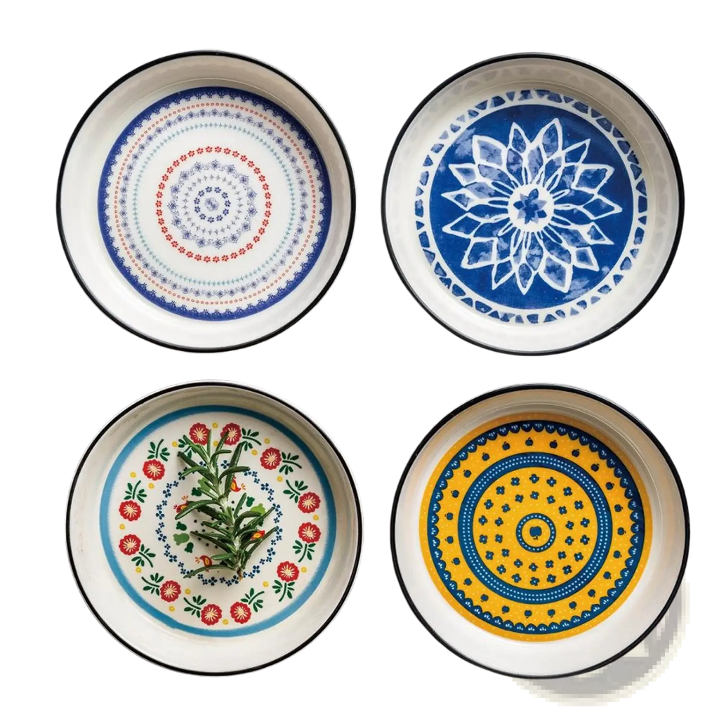 Four hand-painted ceramic floral bone china round serving plates with vibrant blue red yellow and white designs