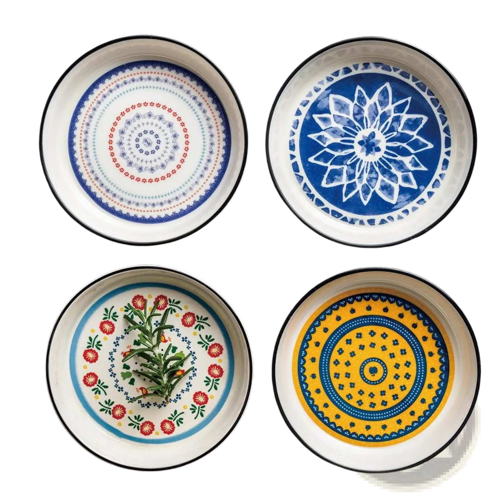 Four hand-painted ceramic floral bone china round serving plates with vibrant blue red yellow and white designs