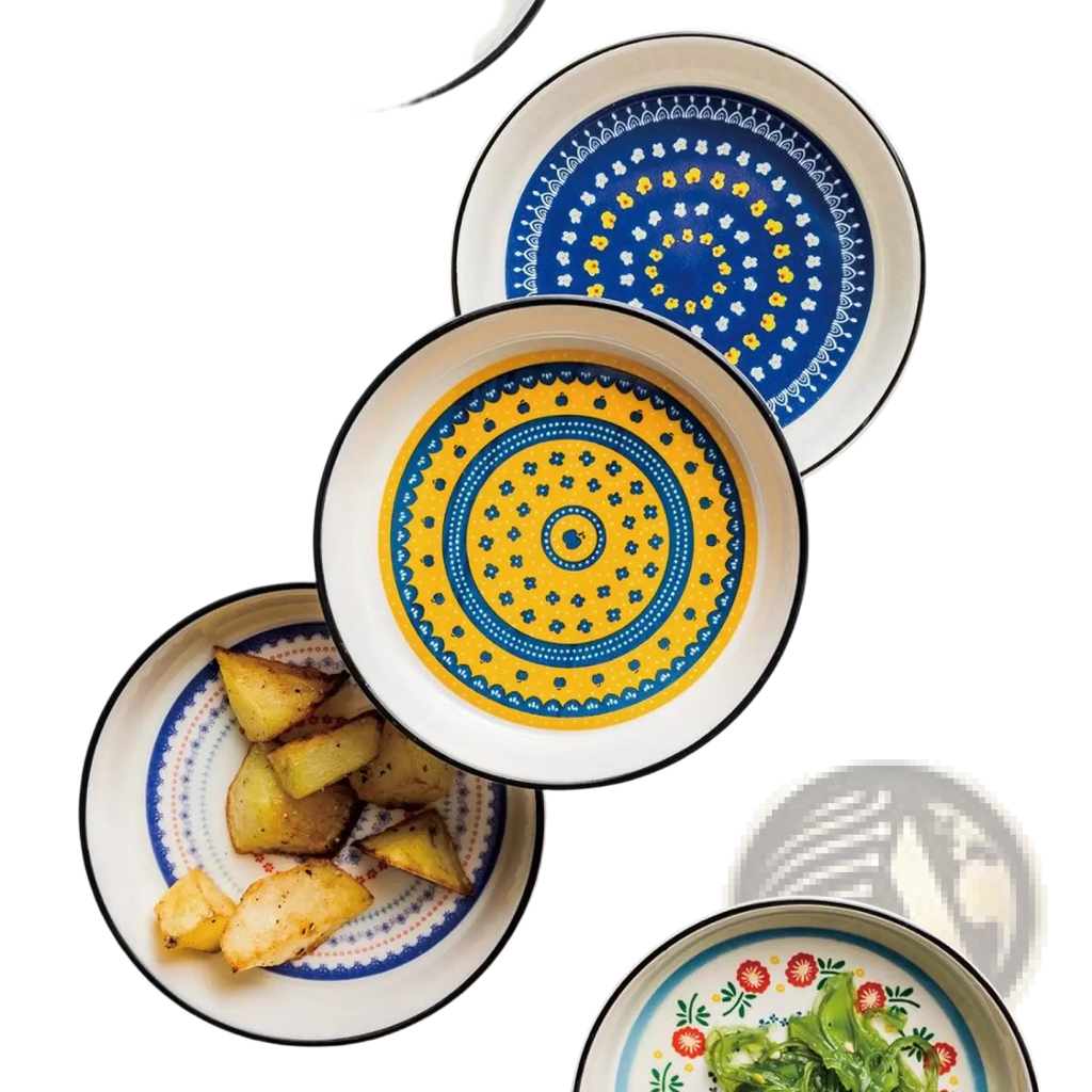 Set of ceramic floral bone china round serving plates with vibrant blue and yellow concentric circular patterns