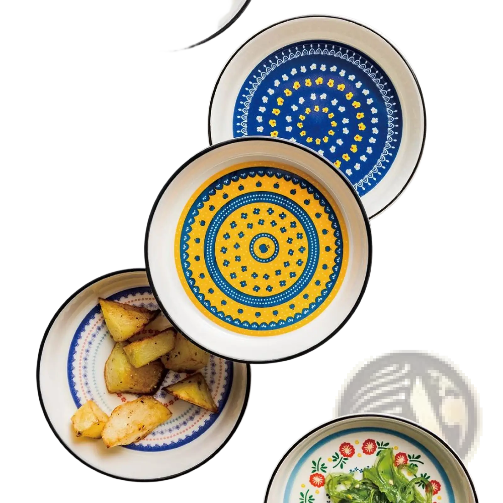 Set of ceramic floral bone china round serving plates with vibrant blue and yellow concentric circular patterns