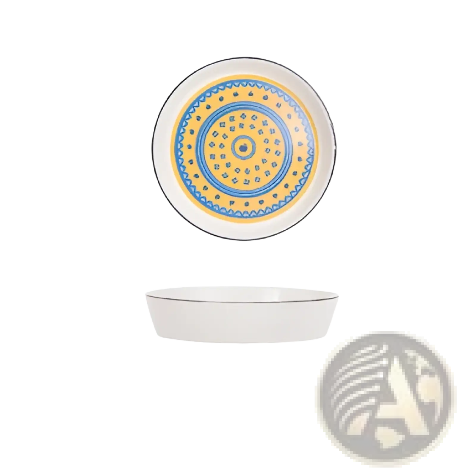 Ceramic floral bone china round serving plate with white ceramic and blue and yellow concentric circular pattern 11cm