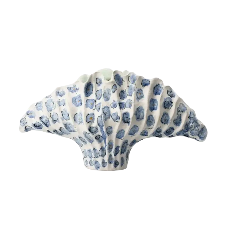 Ceramic flower vase 37x12x23cm with white ceramic scalloped fan shape and blue splotched glaze for display effects