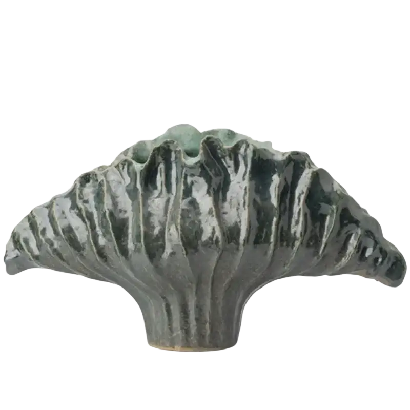 Dark green glossy ceramic flower vase shaped like an open clamshell with ridged texture 45x14x25cm display effects