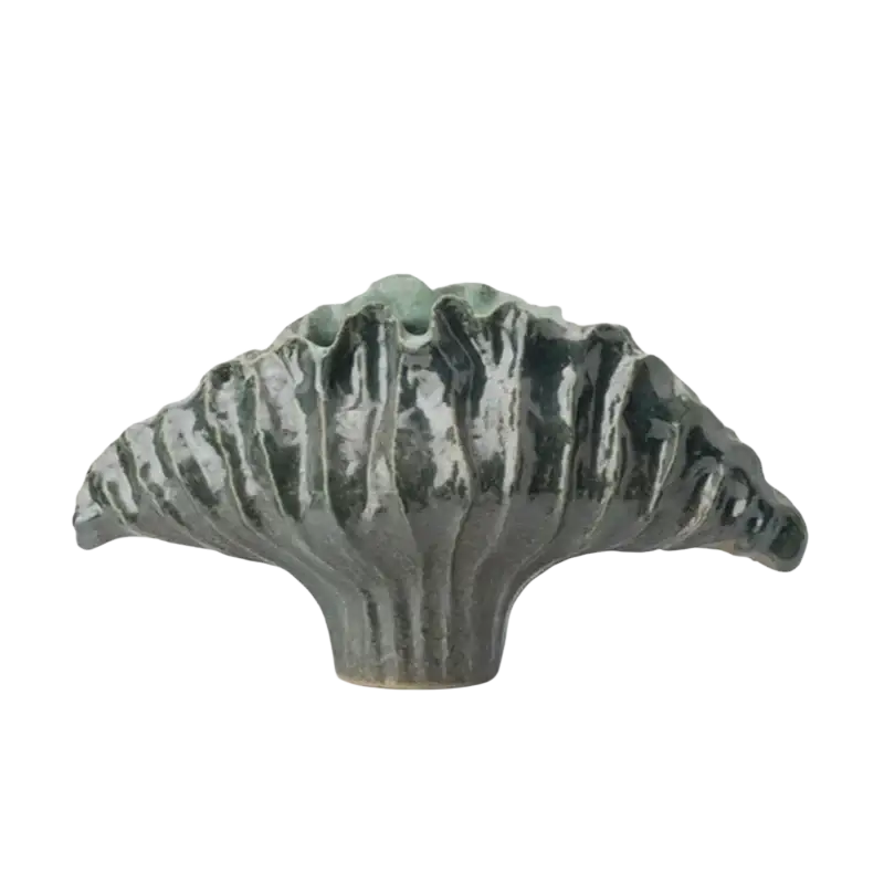 Dark green glossy ceramic shell-shaped flower vase with ridged texture and flared top for display effects 45x14x25cm
