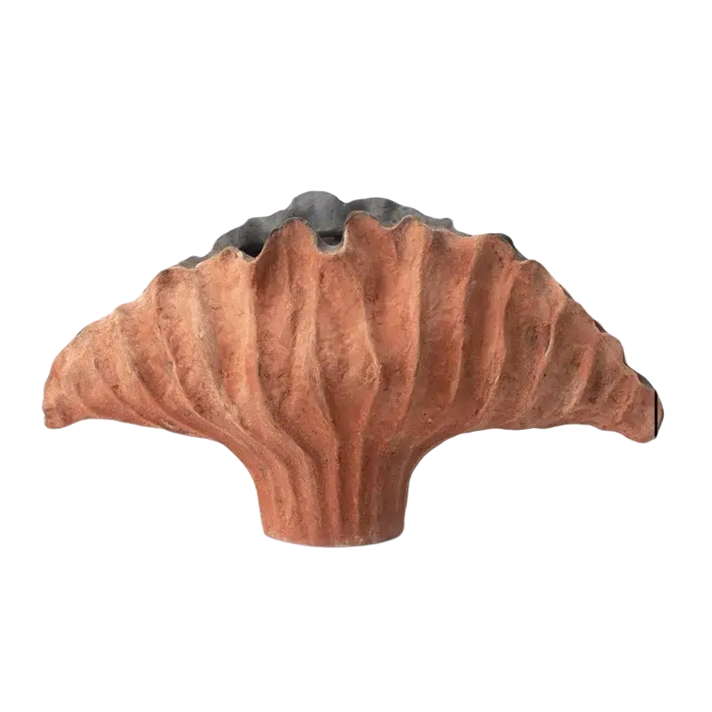 Ceramic flower vase 37x12x23cm with terracotta ridged fan-shaped shell design and dark gray interior for display effects