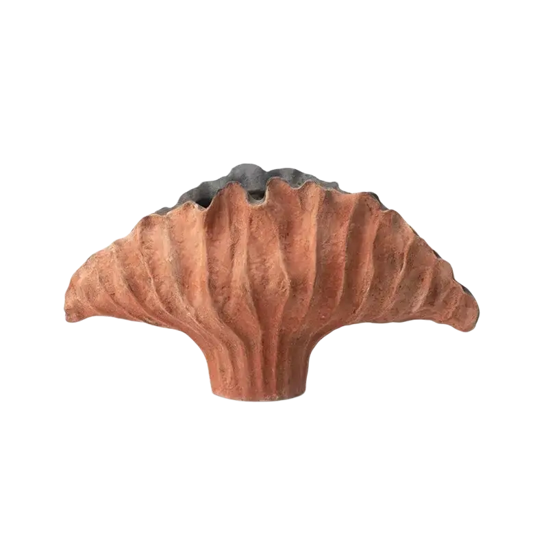 Terracotta ceramic flower vase with ridged fan shape and dark gray top in 37x12x23cm 45x14x25cm display effects