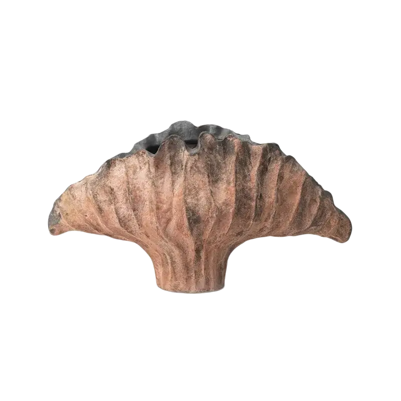A rustic terracotta ceramic flower vase shaped like a fan shell with textured ridges for display effects 45x14x25cm