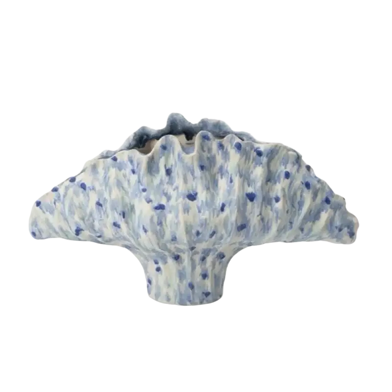 Ceramic flower vase with scalloped fan-like top and blue speckled glaze in 37x12x23cm for modern display effects