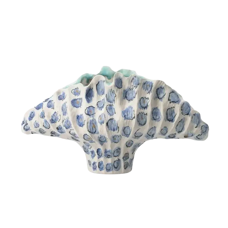 A white ceramic flower vase 37x12x23cm with scalloped fan shape and blue painted leaf patterns for display effects