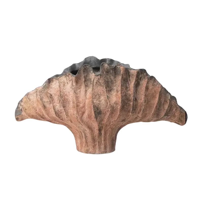 A rustic terracotta ceramic flower vase shaped like a clamshell with textured ridges and darkened edges 45x14x25cm for display effects