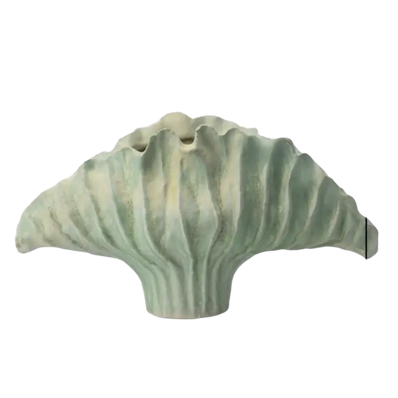 A sculpted ceramic flower vase in muted green glaze with wavy ribbed surface for display effects 37x12x23cm