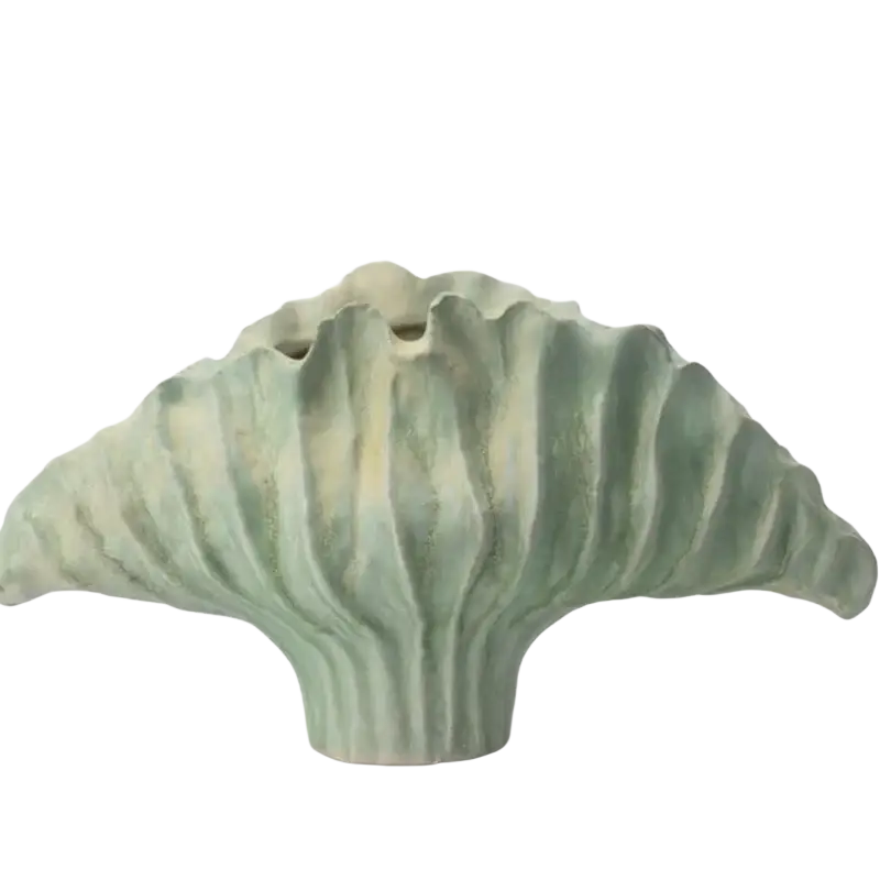 A sculptural ceramic flower vase in soft green and cream glaze with wavy ribbed surface 45x14x25cm display effects
