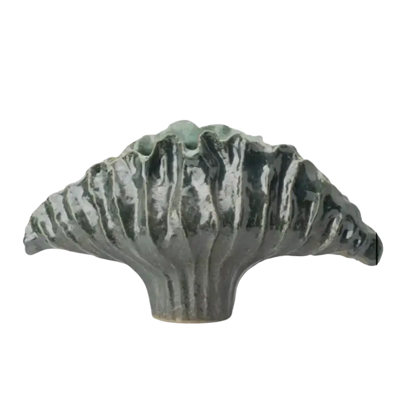 A dark green textured ceramic flower vase with ridged fan shape and wide base for display effects 37x12x23cm 45x14x25cm