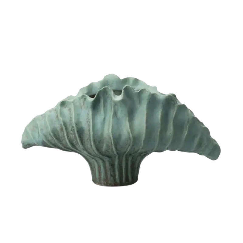 A verdigris-finished ceramic flower vase 37x12x23cm with a fluted fan shape and ridged texture for display effects