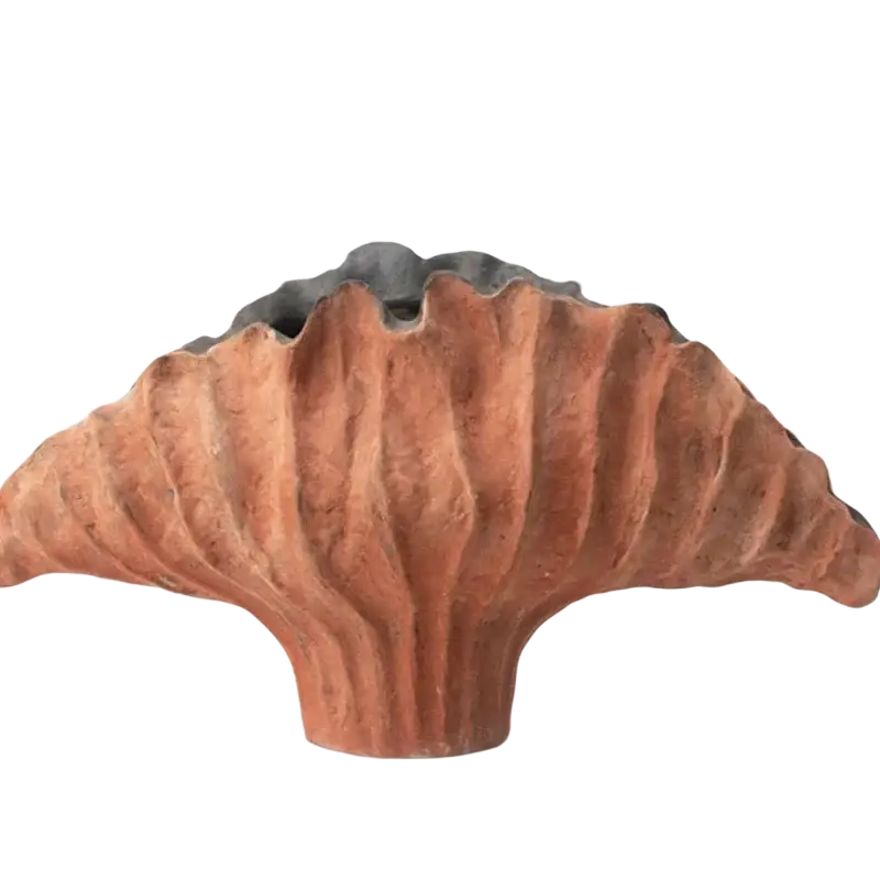 Terracotta ceramic flower vase 37x12x23cm with fluted fan shape and dark gray interior for modern display effects