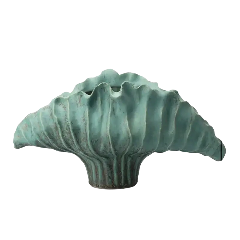 Teal-green ridged ceramic flower vase shaped like a seashell for modern decorative pottery 45x14x25cm display effects