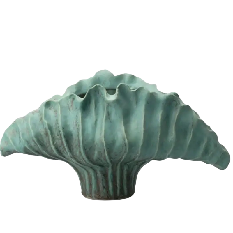 A sculptural ceramic flower vase in muted teal with textured ruffled surface for modern decorative display effects 45x14x25cm