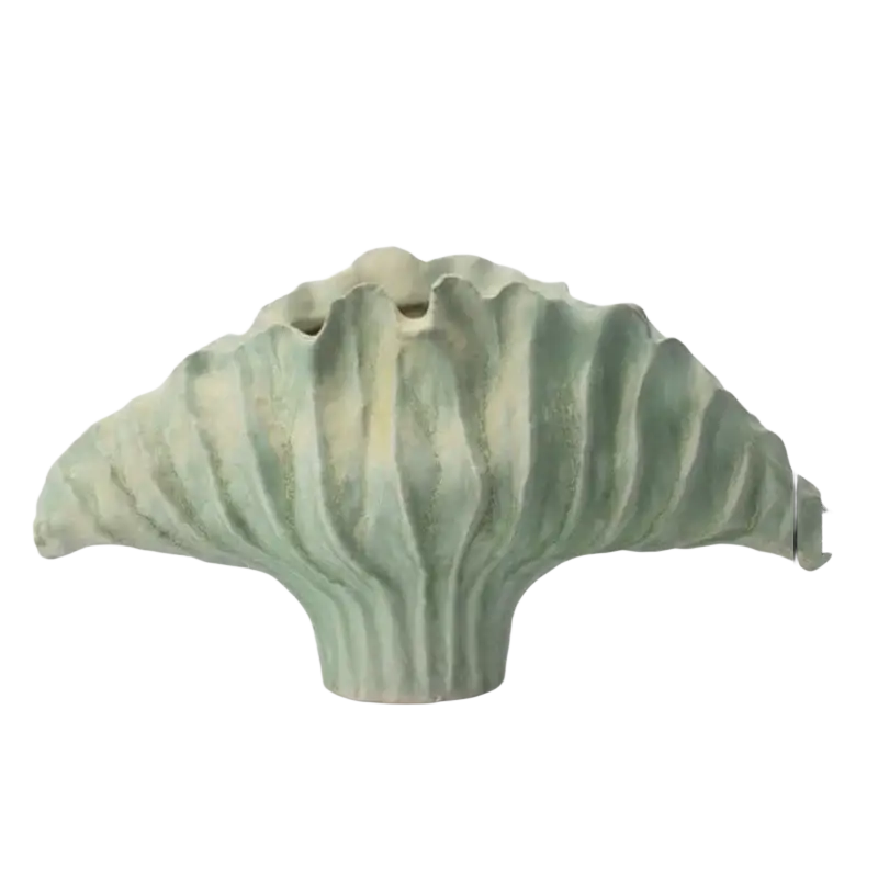 Ceramic flower vase 37x12x23cm 45x14x25cm with leaf ridged design in muted green and cream for modern display effects