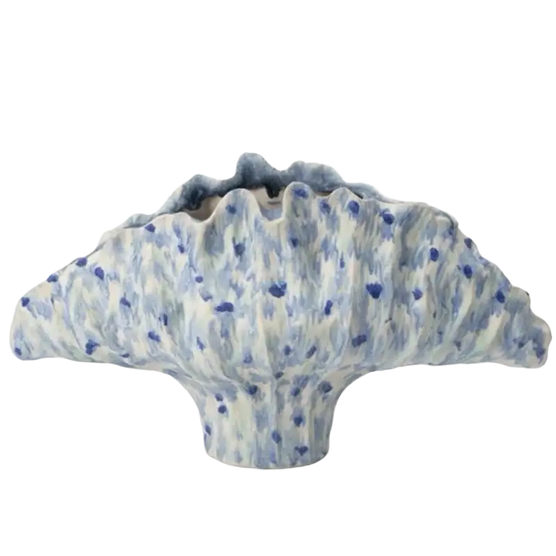 Ceramic flower vase with scalloped fan-like top and blue speckles on off-white base in 45x14x25cm for display effects