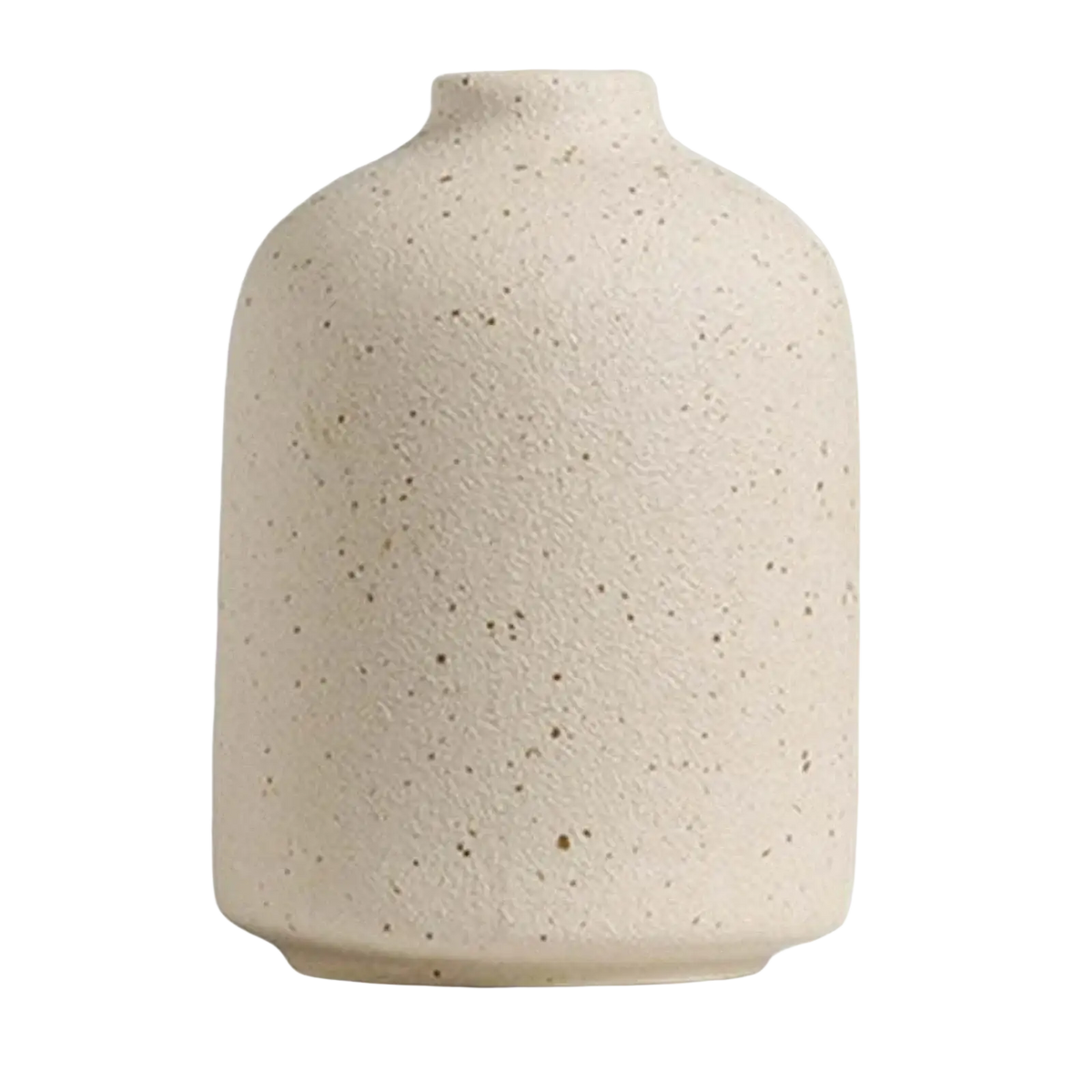 Cream-colored speckled ceramic flower vase with rounded tapered body and narrow neck for boho tabletop decor