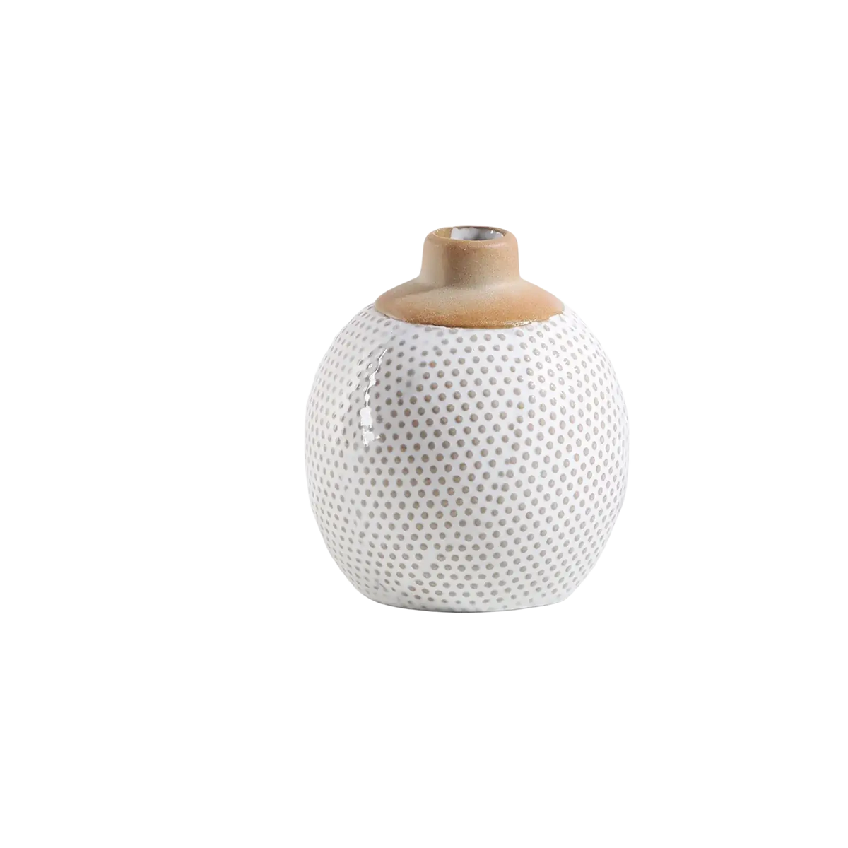 White ceramic flower vase with textured dotted surface and contrasting light brown wooden lid for boho decor