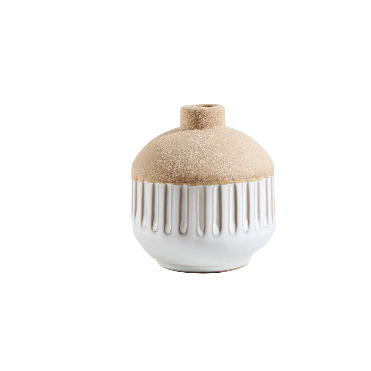 A small ceramic flower vase with a white ribbed body and beige textured top for boho tabletop decor