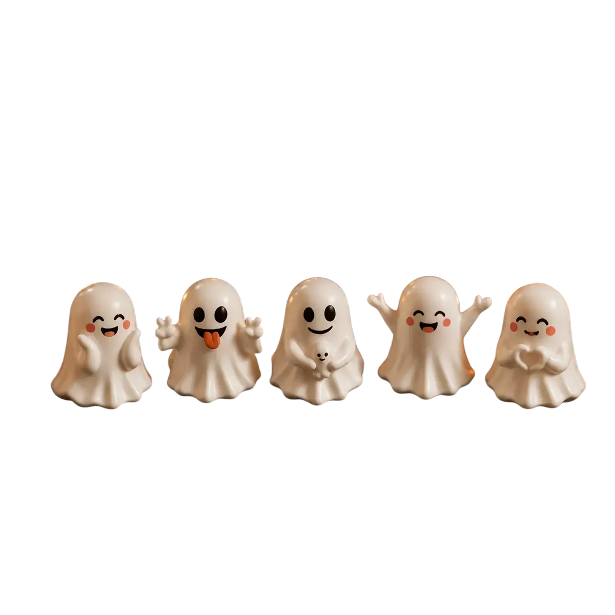 Five adorable white ceramic halloween ghost figurines with cute expressions and playful poses halloween decor set