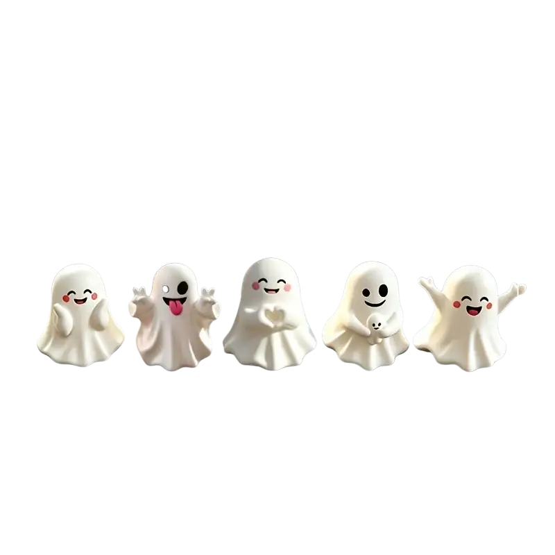 Set of five white ceramic ghost figurines with unique expressions for Halloween decor