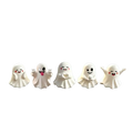 Set of five white ceramic ghost figurines with unique expressions for Halloween decor