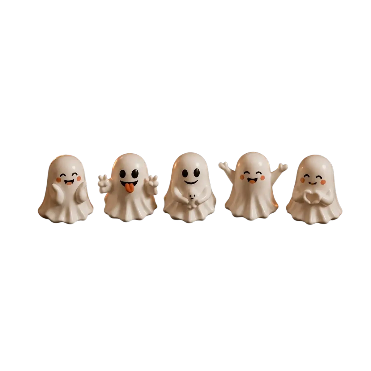 Five white ceramic halloween ghost figurines with cute smiling faces in varied poses for halloween decor