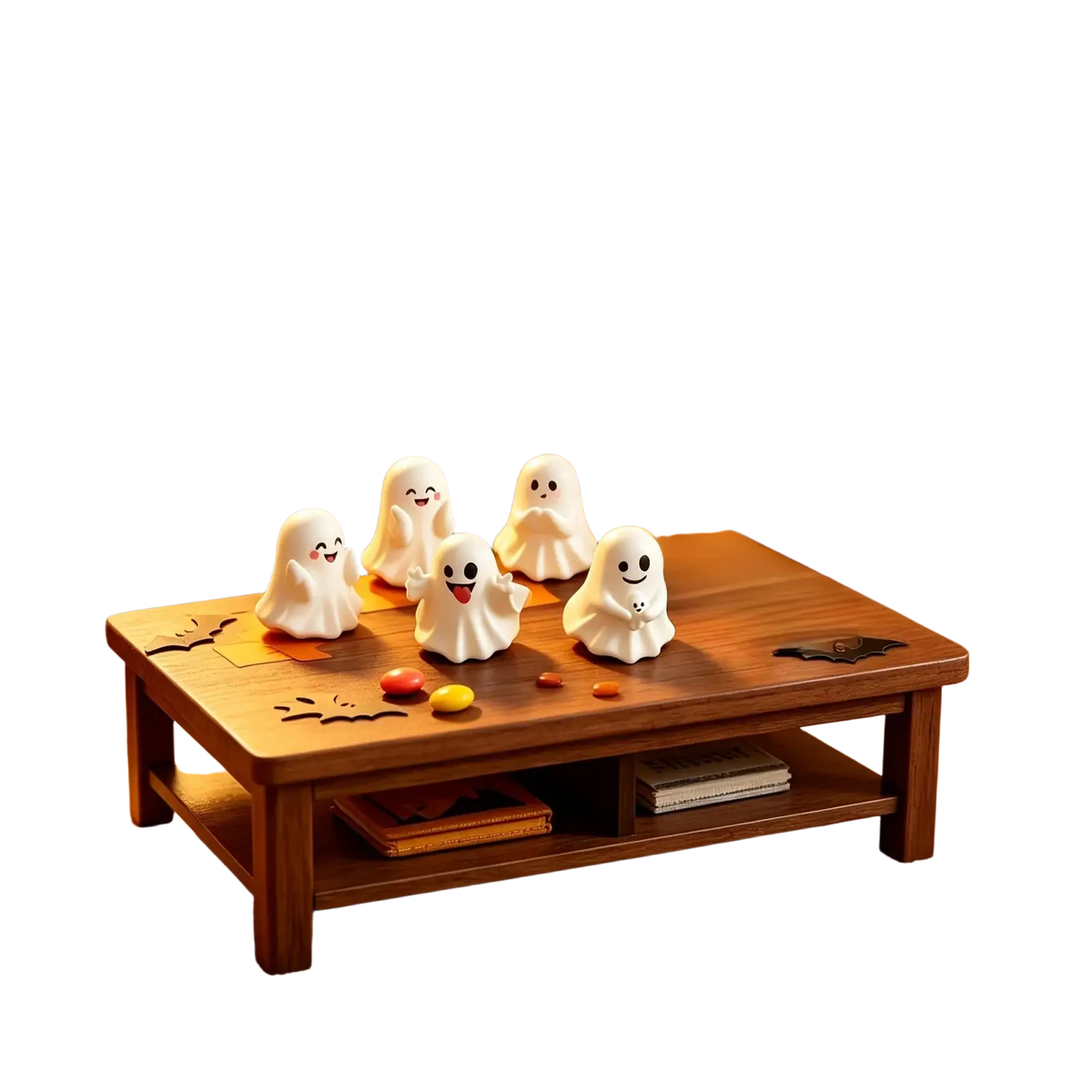 Five white ceramic ghost figurines with black dot faces smiling on a wooden table for halloween decor