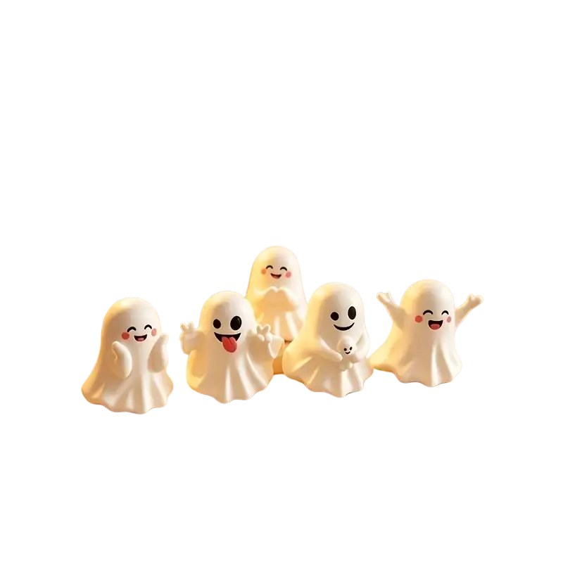 White ceramic ghost figurine set with cheerful expressions and playful poses for halloween decor