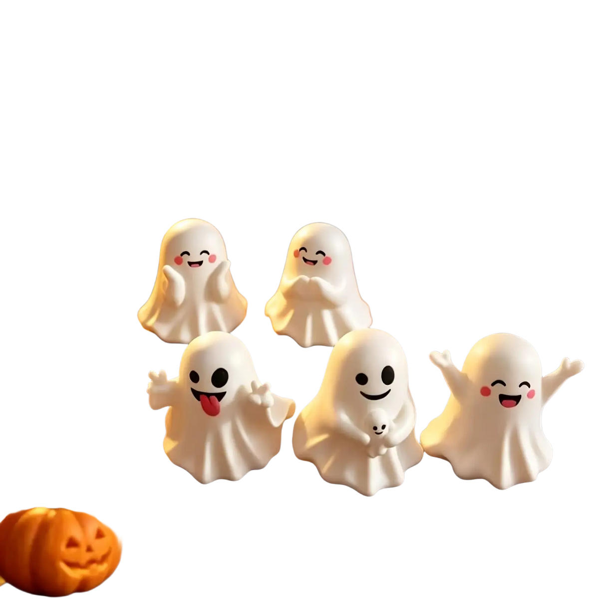 Ceramic ghost figurine set featuring white playful ghost shapes with smiling faces for halloween decor