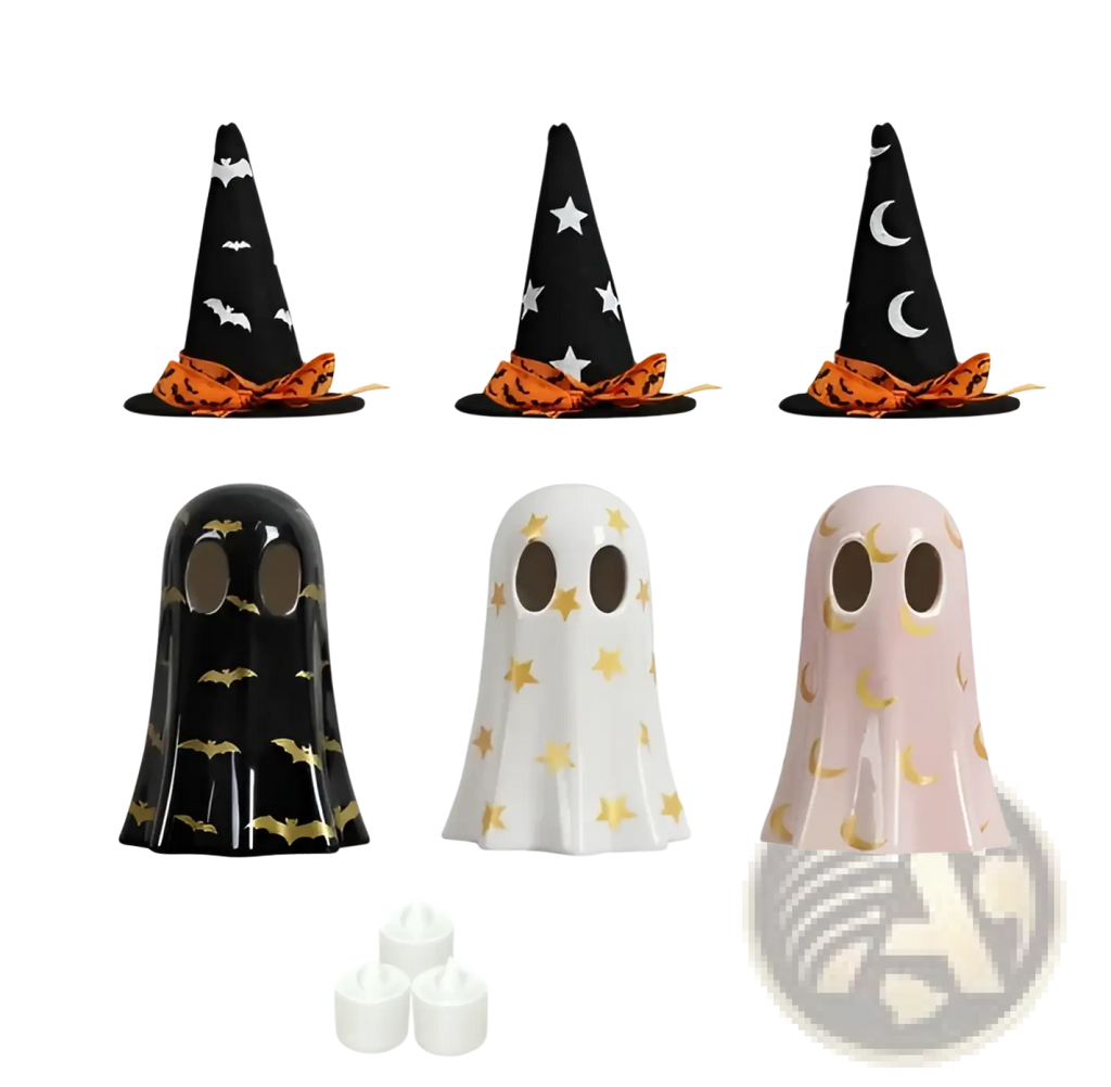 Ceramic ghost halloween decor set of 3 with black and white bases and gold foil bats stars moons on witch hats and ghosts