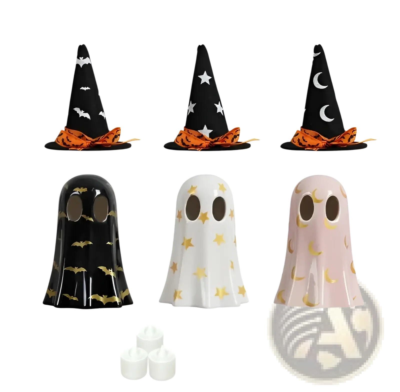Ceramic ghost halloween decor set of 3 with black and white bases and gold foil bats stars moons on witch hats and ghosts