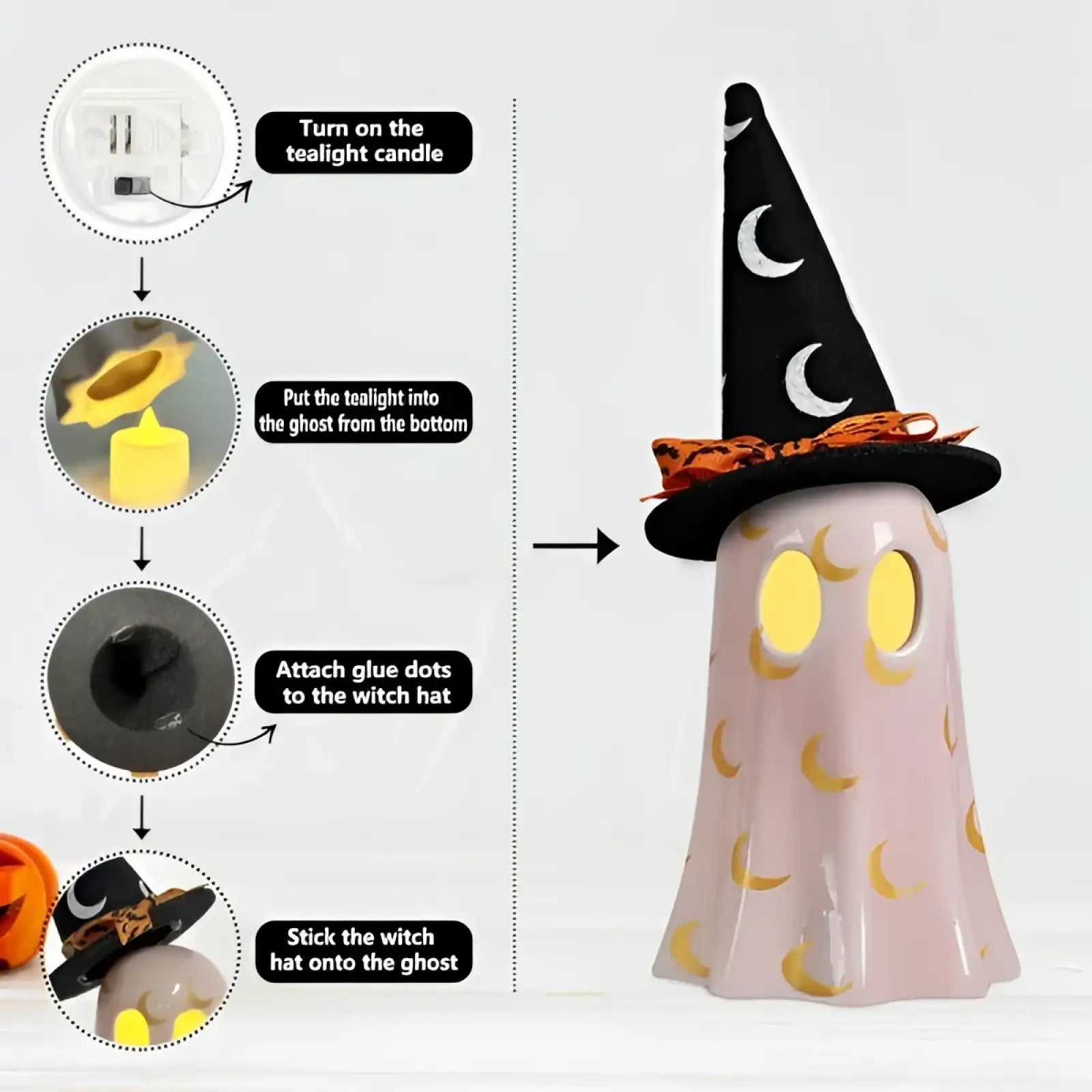 Pink ceramic ghost figurine with yellow crescent moon decals and black witch hat with orange ribbon for Halloween decor